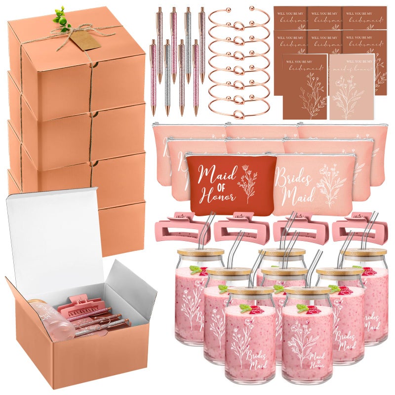 RimCereal 8 Sets/ 80 Pcs Bridesmaid Proposal Gifts Maid of Honor Gifts for Wedding, Include Glass Cup Makeup Bag Glitter Pen Card Bracelet Hair Clip Gift Box Kraft Tags Grass Twine(Pink) - Image 1