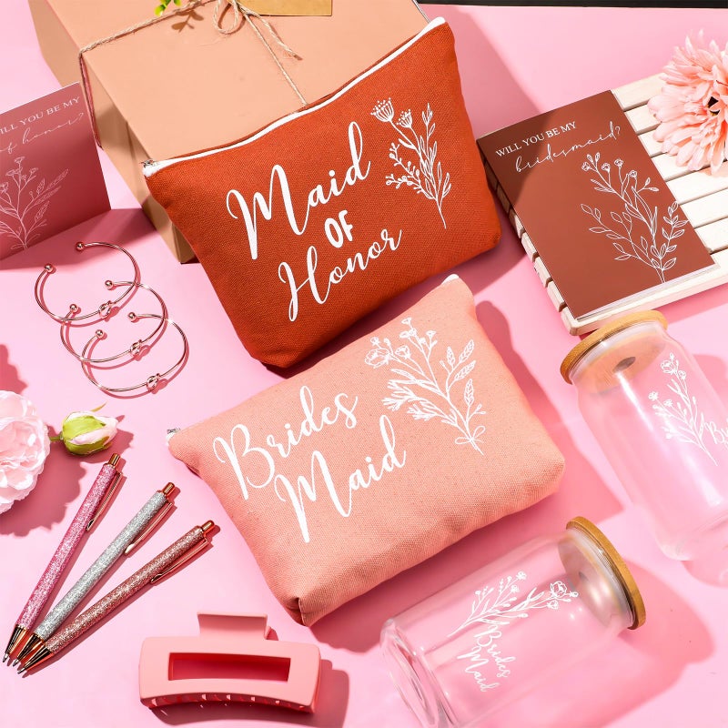 RimCereal 8 Sets/ 80 Pcs Bridesmaid Proposal Gifts Maid of Honor Gifts for Wedding, Include Glass Cup Makeup Bag Glitter Pen Card Bracelet Hair Clip Gift Box Kraft Tags Grass Twine(Pink) - Image 5