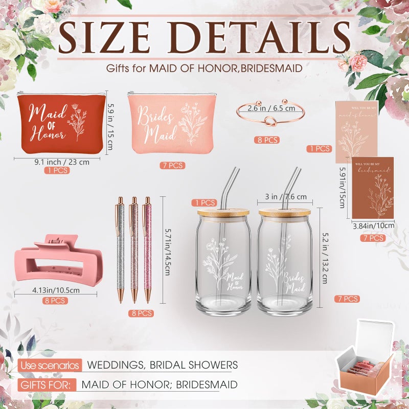 RimCereal 8 Sets/ 80 Pcs Bridesmaid Proposal Gifts Maid of Honor Gifts for Wedding, Include Glass Cup Makeup Bag Glitter Pen Card Bracelet Hair Clip Gift Box Kraft Tags Grass Twine(Pink) - Image 2