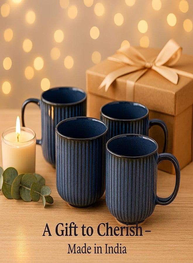 KITTENS Ceramic Coffee Mug Set of 4 - 300ml Handcrafted Royal Blue Mugs with Vertical Stripe | Microwave & Dishwasher Safe | Tea & Coffee Cups for Daily Use, Diwali, Christmas & New Year Gifting - Image 3