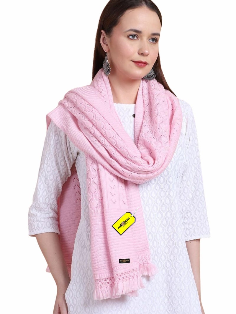 Pick Ur Needs Women’s Premium Knitted Winter Soft Shawl Woolen Warm Stole with Elegant Lace Pattern & Tassels For Girls (Baby Pink) - Image 1
