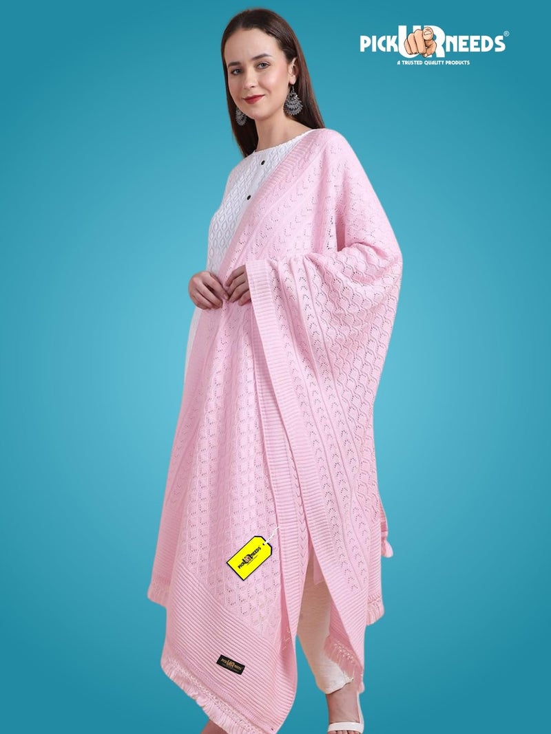 Pick Ur Needs Women’s Premium Knitted Winter Soft Shawl Woolen Warm Stole with Elegant Lace Pattern & Tassels For Girls (Baby Pink) - Image 2