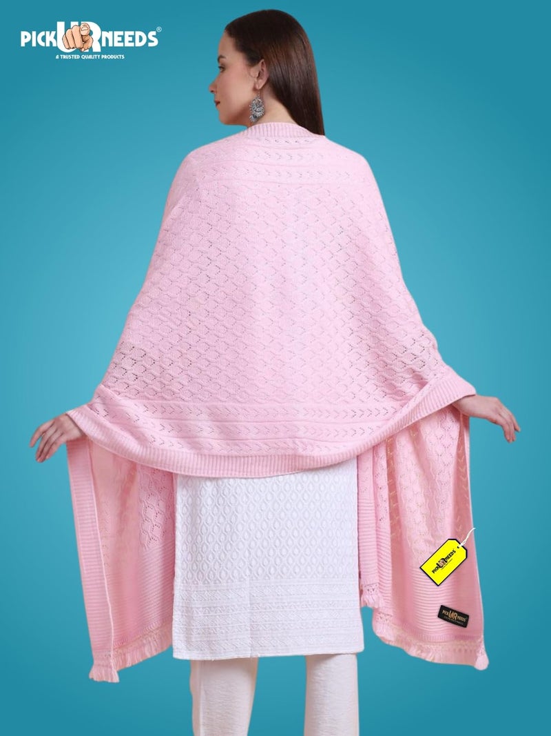 Pick Ur Needs Women’s Premium Knitted Winter Soft Shawl Woolen Warm Stole with Elegant Lace Pattern & Tassels For Girls (Baby Pink) - Image 3