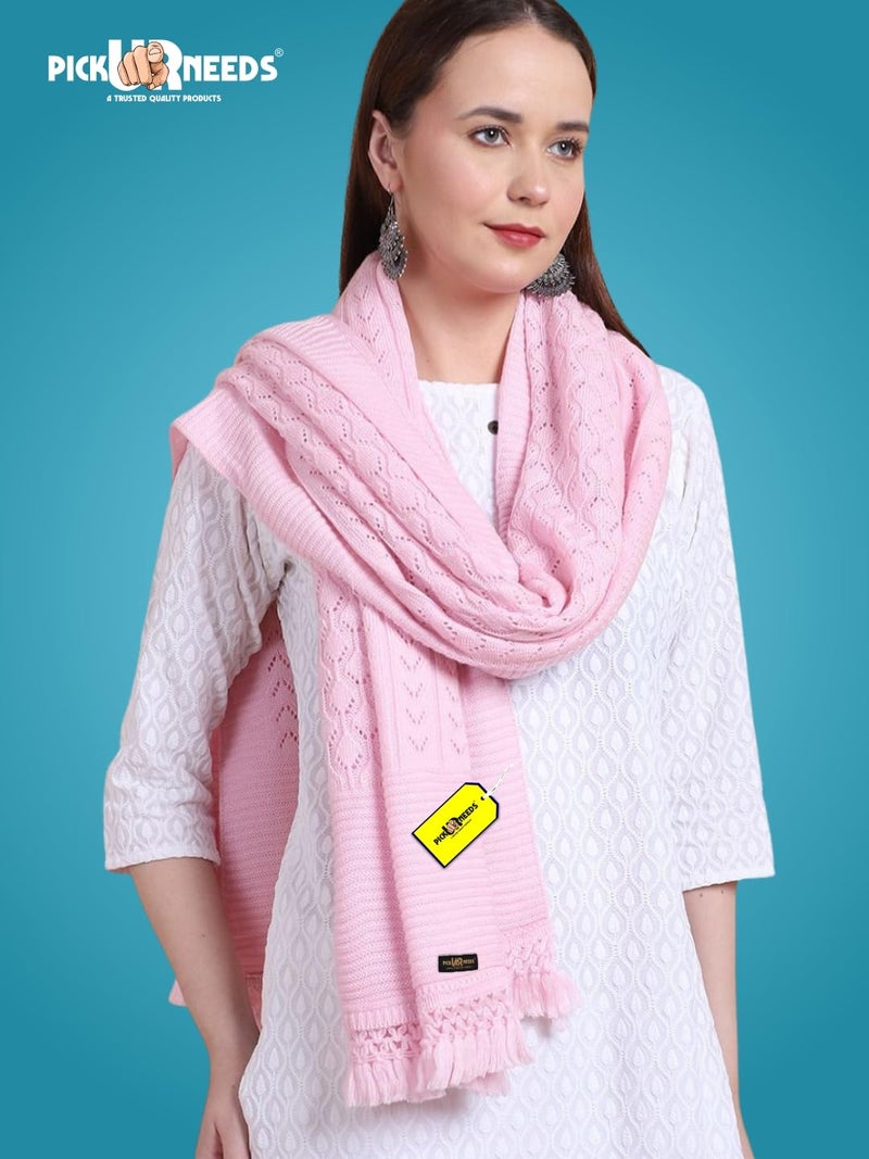 Pick Ur Needs Women’s Premium Knitted Winter Soft Shawl Woolen Warm Stole with Elegant Lace Pattern & Tassels For Girls (Baby Pink) - Image 5