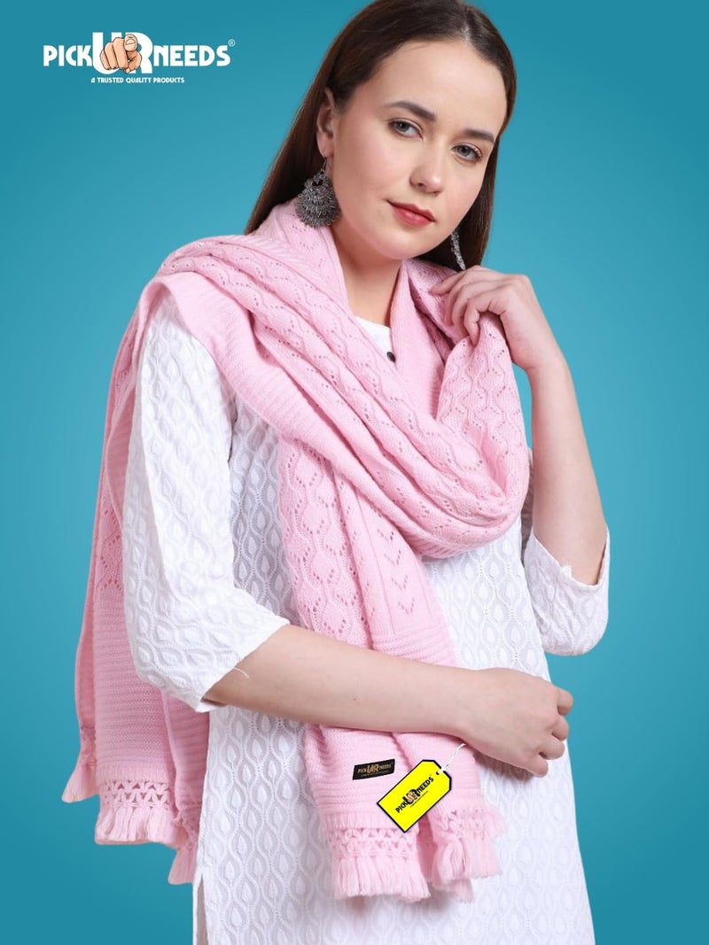 Pick Ur Needs Women’s Premium Knitted Winter Soft Shawl Woolen Warm Stole with Elegant Lace Pattern & Tassels For Girls (Baby Pink) - Image 4