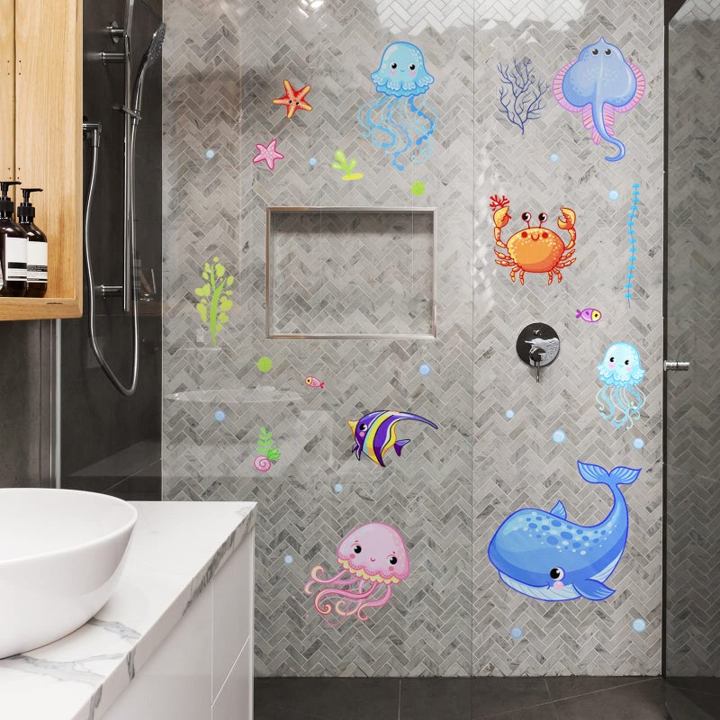 Outus 4 Sheets Ocean Life Wall Decals Under The Sea Fish Wall Stickers Colorful Removable Underwater Sea Creatures Jellyfish Wall Decor for Kids Girls Baby Bathroom Bedroom Living Room (Adorable Style) - Image 5