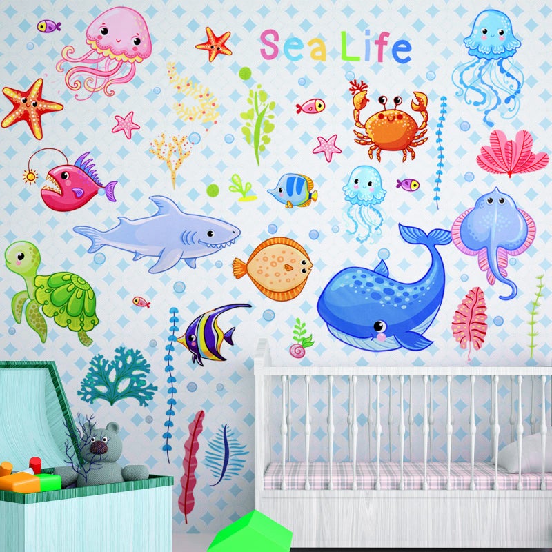 Outus 4 Sheets Ocean Life Wall Decals Under The Sea Fish Wall Stickers Colorful Removable Underwater Sea Creatures Jellyfish Wall Decor for Kids Girls Baby Bathroom Bedroom Living Room (Adorable Style) - Image 4