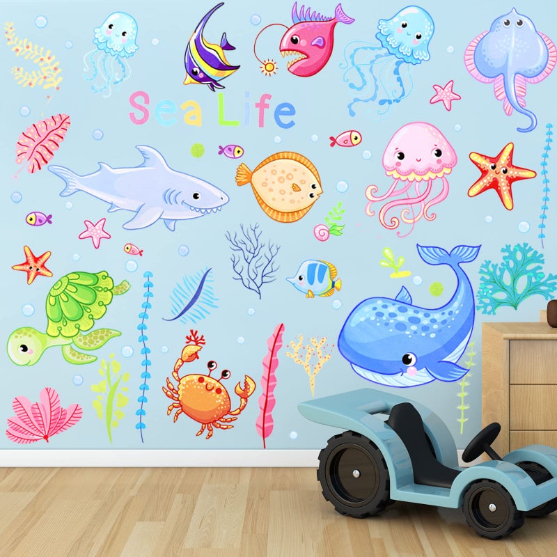 Outus 4 Sheets Ocean Life Wall Decals Under The Sea Fish Wall Stickers Colorful Removable Underwater Sea Creatures Jellyfish Wall Decor for Kids Girls Baby Bathroom Bedroom Living Room (Adorable Style) - Image 1