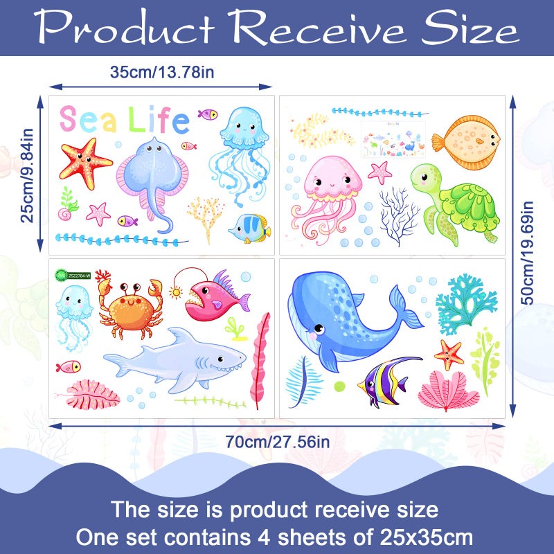 Outus 4 Sheets Ocean Life Wall Decals Under The Sea Fish Wall Stickers Colorful Removable Underwater Sea Creatures Jellyfish Wall Decor for Kids Girls Baby Bathroom Bedroom Living Room (Adorable Style) - Image 2