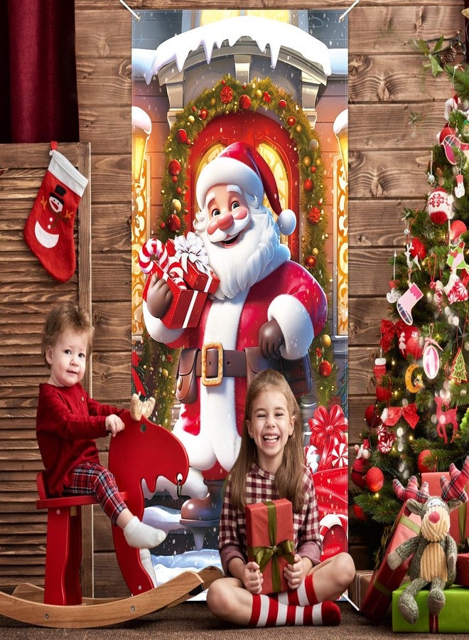 LOAVER Christmas Door Cover Santa Claus Decoration,Large Santa Claus Gift Box Door Hanging Backdrop for Winter Party Christmas Indoor Outdoor Banner Holiday Decoration,70.8 x 35.4 Inch - Image 5