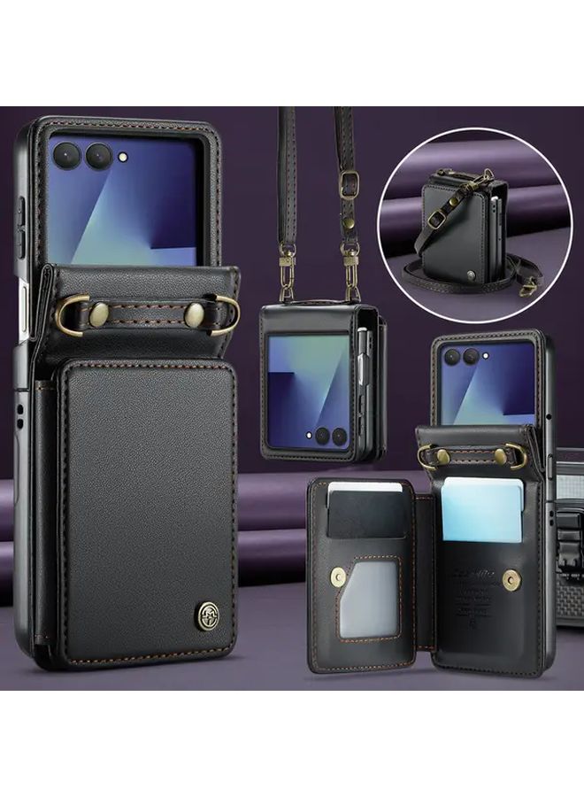 Blue Magnetic Leather Wallet Case with Card Holder and Kickstand for Galaxy Z Flip 7 - Image 1