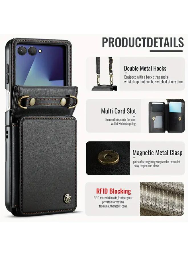 Blue Magnetic Leather Wallet Case with Card Holder and Kickstand for Galaxy Z Flip 7 - Image 3