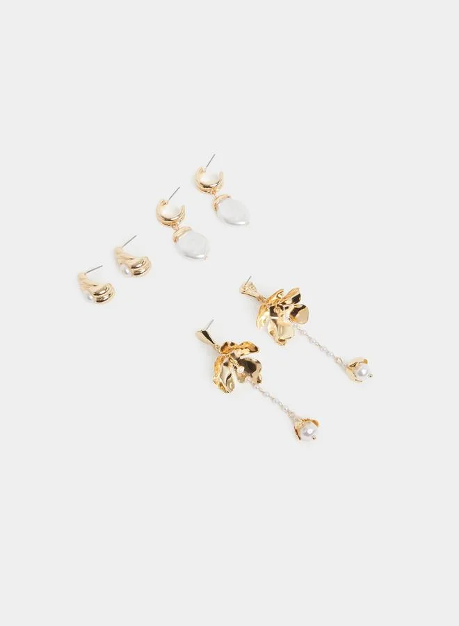 Pack of 3 - Flower and Pearl Dangle Earrings
