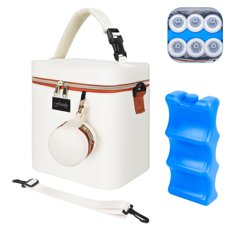 Fxady Breastmilk Cooler Bag with Ice Pack, Insulated Baby Bottle Tote Bag for 6 Bottles Up to 9 oz, Clip-On Pouch for Baby Essentials, Leakproof, Waterproof, Shoulder Strap for Nursing Moms, Beige - Image 1
