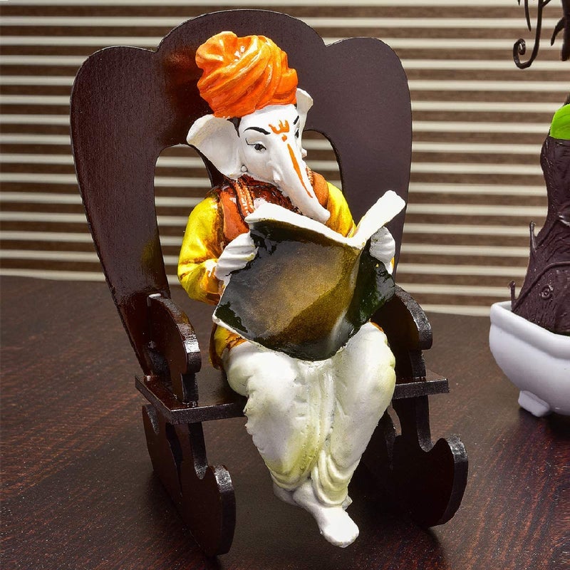 Karigaari India Ganesha Resting on Rocking Chair Brown White Combo Offer Ganesh Chaturthi Special | Handcrafted Ganpati Idol Decorative Showpiece for Home Pooja Room Office Gift - Image 3
