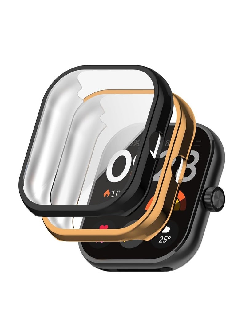 KASTWAVE Case for Xiaomi Redmi Watch 4, Tempered Glass Screen Protector, PC Hard Case Tempered Glass Screen Protection Cover Slim Full Cover Scratch Proof Protector, 2 Pcs, Black and Gold - Image 1