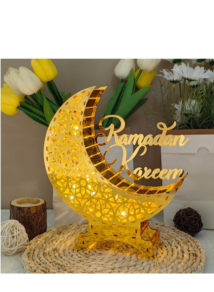 XiuWoo Eid Mubarak Moon Star Ornament with LED Light Acrylic Ramadan Table Decorations Eid Mubarak Gifts Festival Decoration Ornament - Image 1
