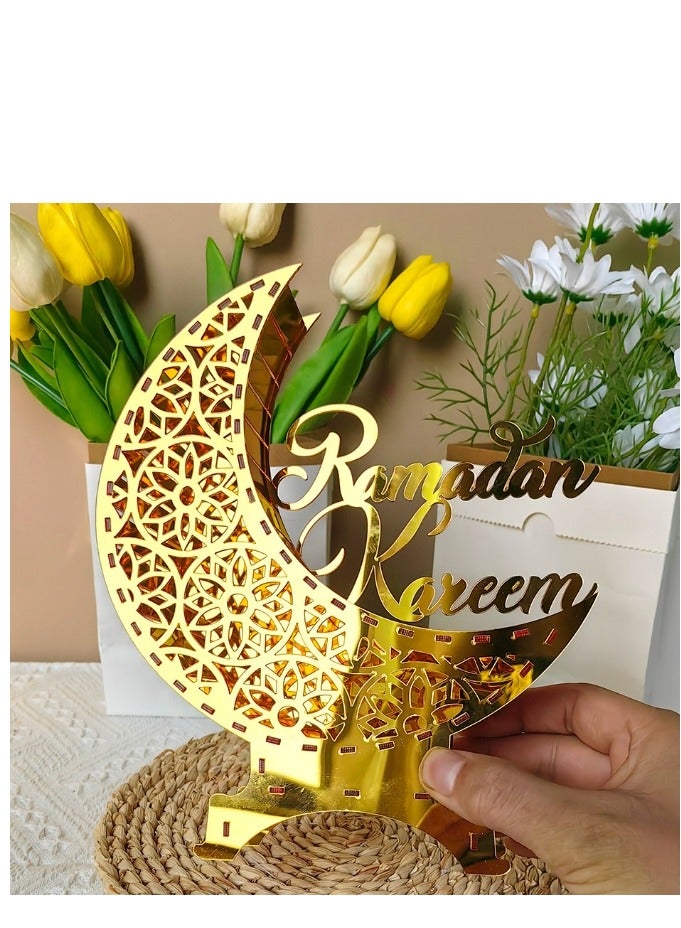 XiuWoo Eid Mubarak Moon Star Ornament with LED Light Acrylic Ramadan Table Decorations Eid Mubarak Gifts Festival Decoration Ornament - Image 4