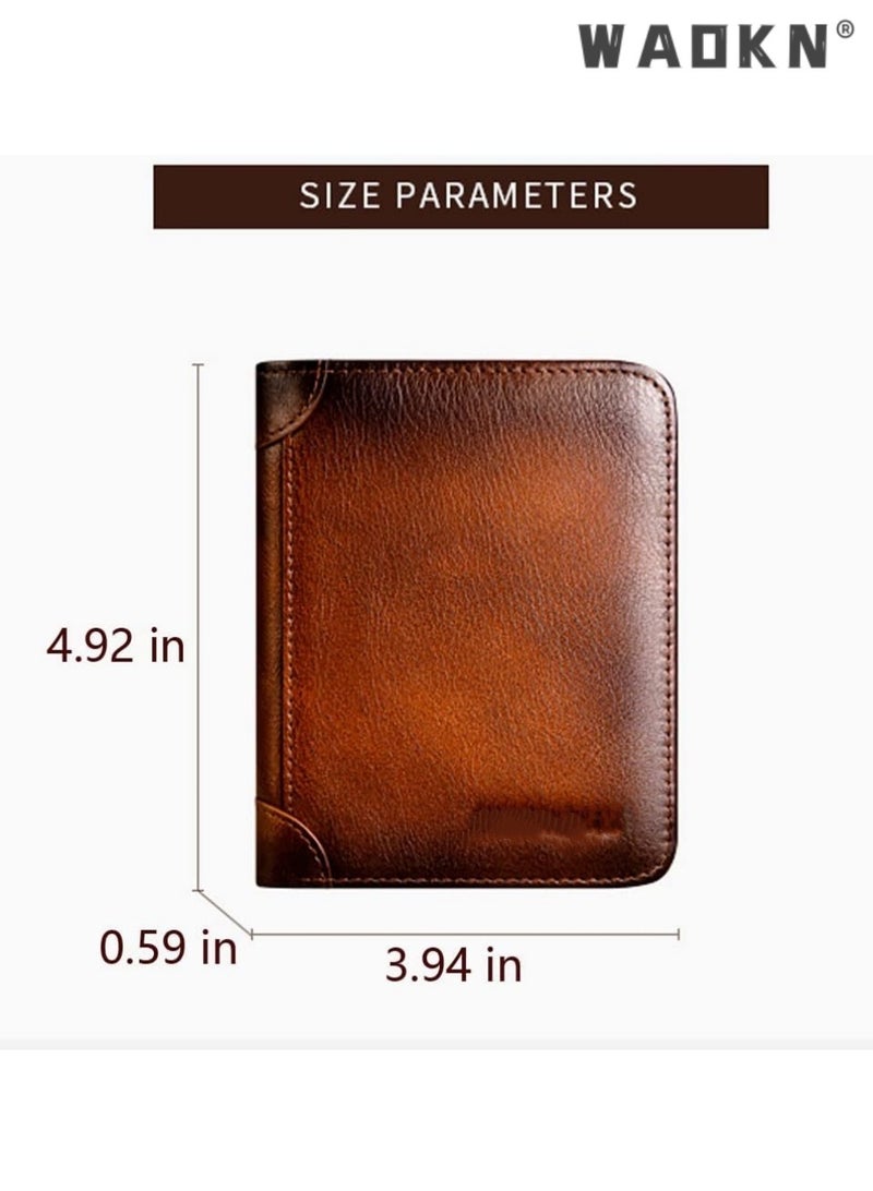 WAOKN Portable Business Men's Genuine Leather Anti-theft Brush Ultra-thin Multi-card Slot Short Wallet Cash clip wallet brown - Image 3