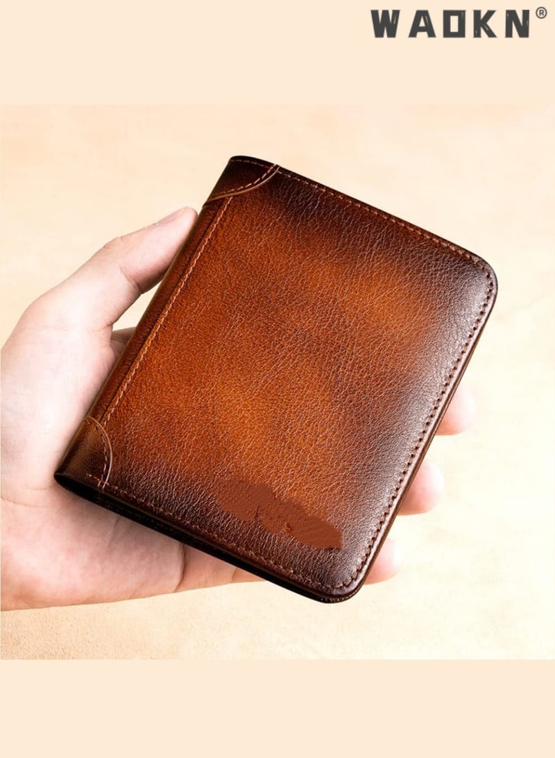 WAOKN Portable Business Men's Genuine Leather Anti-theft Brush Ultra-thin Multi-card Slot Short Wallet Cash clip wallet brown - Image 4