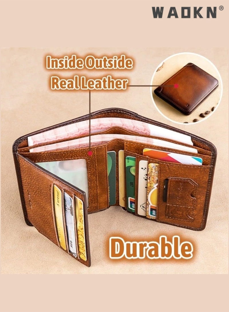 WAOKN Portable Business Men's Genuine Leather Anti-theft Brush Ultra-thin Multi-card Slot Short Wallet Cash clip wallet brown - Image 5