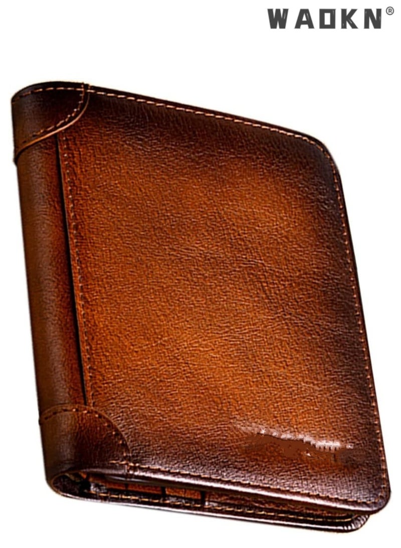 WAOKN Portable Business Men's Genuine Leather Anti-theft Brush Ultra-thin Multi-card Slot Short Wallet Cash clip wallet brown - Image 1