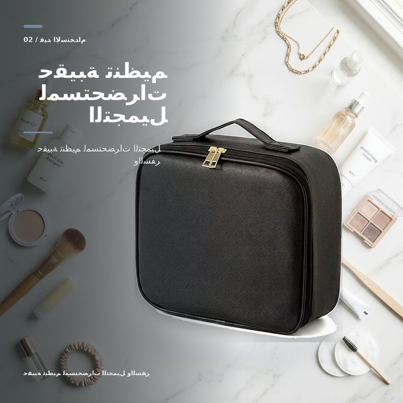حقيبة مكياج بسعة كبيرة وبمرآة وتنظيم عملي لـ المكياج وأدوات التجميل والتخزين اليومي أثناء السفر باللون أسود منظم مع مرآة - Image 2