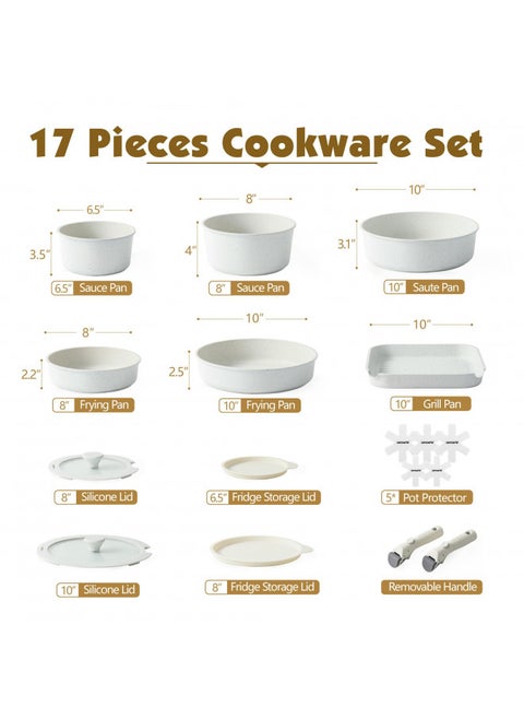 SENSARTE 17 Piece Pots and Pans Set, Nonstick Detachable Handle Cookware, Induction Kitchen Cookware Set with Removable Handle, Healthy Non Stick RV Cookware, Dishwasher Oven Safe, PFOA Free (White)