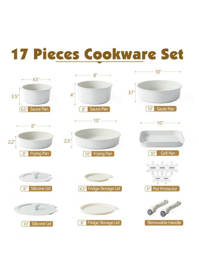 Sensarte SENSARTE 17 Piece Pots and Pans Set, Nonstick Detachable Handle Cookware, Induction Kitchen Cookware Set with Removable Handle, Healthy Non Stick RV Cookware, Dishwasher Oven Safe, PFOA Free (White)  - Image 1