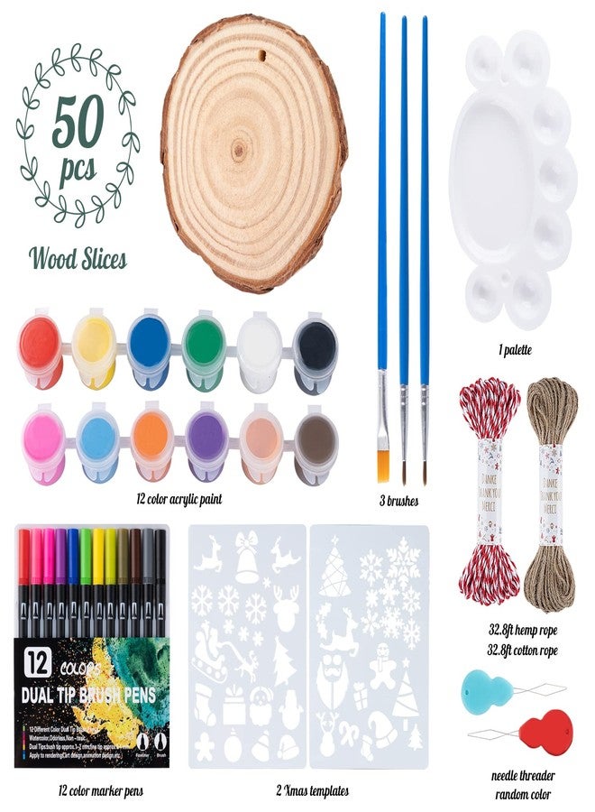 ilauke Wood Slices, 50PCS 2.7''-3.1''Natural Wooden Christmas Ornaments Kit with Pre-Drilled Hole, Acrylic Paint Pattern Stencils, DIY Craft for Adults Kids Holiday Decor Xmas Ornaments - Image 5