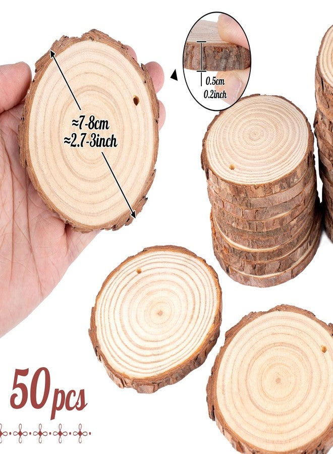 ilauke Wood Slices, 50PCS 2.7''-3.1''Natural Wooden Christmas Ornaments Kit with Pre-Drilled Hole, Acrylic Paint Pattern Stencils, DIY Craft for Adults Kids Holiday Decor Xmas Ornaments - Image 2