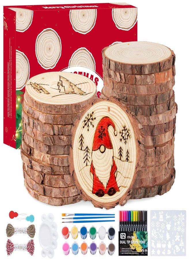 ilauke Wood Slices, 50PCS 2.7''-3.1''Natural Wooden Christmas Ornaments Kit with Pre-Drilled Hole, Acrylic Paint Pattern Stencils, DIY Craft for Adults Kids Holiday Decor Xmas Ornaments - Image 1