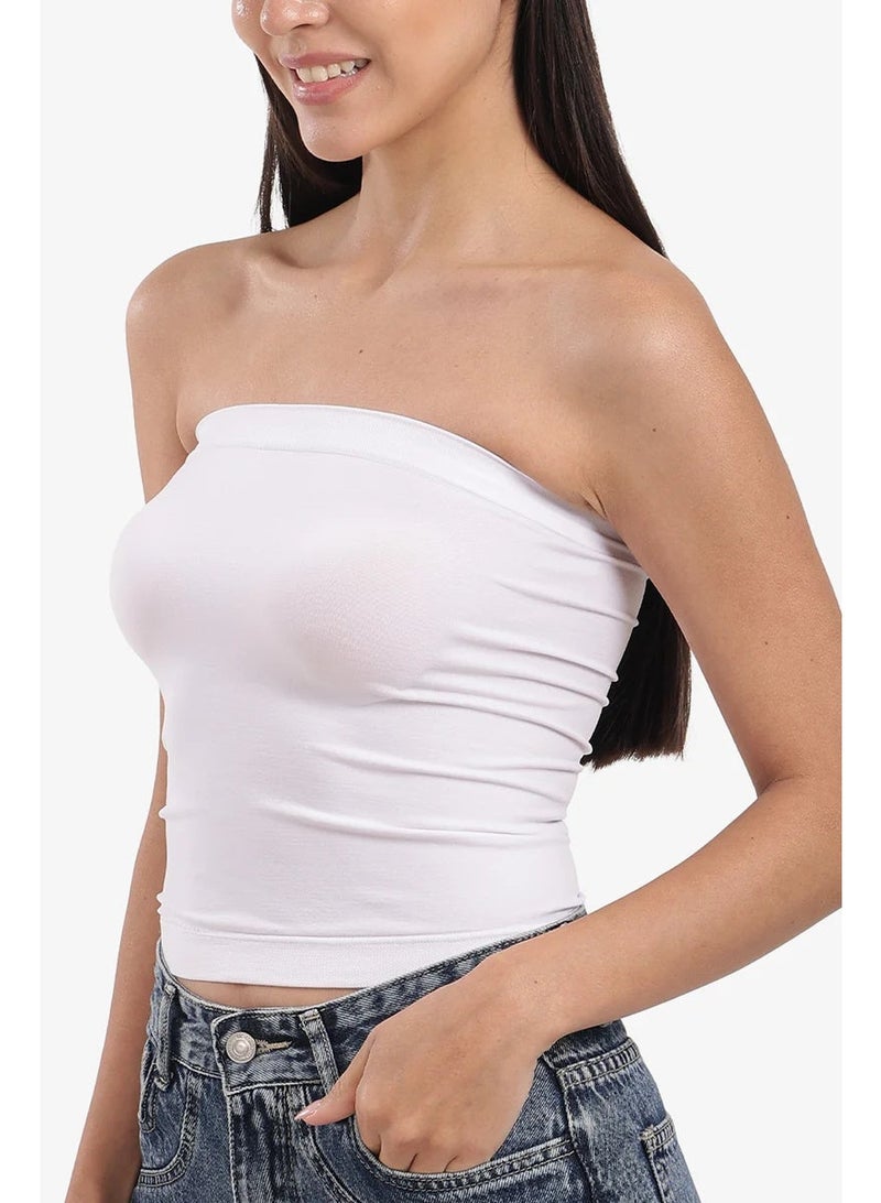 Women's White Strapless Tube Top – Soft Stretch Fabric – Off-Shoulder Design - Image 2