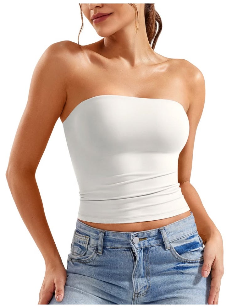 Women's White Strapless Tube Top – Soft Stretch Fabric – Off-Shoulder Design - Image 1