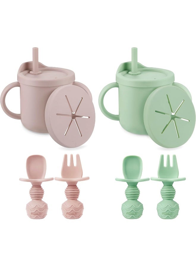 PandaEar 2 Pack Silicone Baby Straw & Snack Cup with 2 Spoons 2 Forks, Dual-Purpose Toddler Training Cups, Pink Green - Image 1