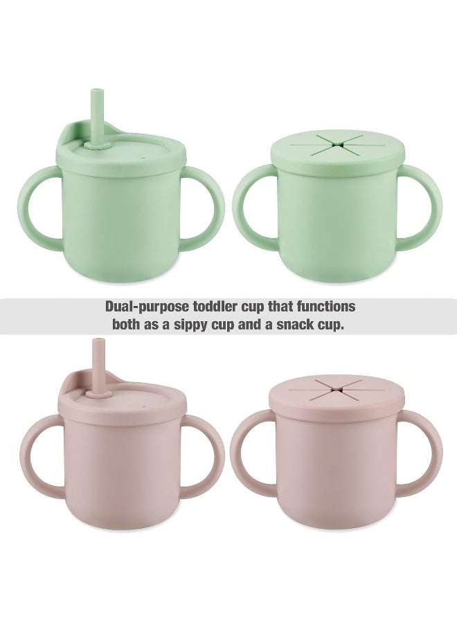 PandaEar 2 Pack Silicone Baby Straw & Snack Cup with 2 Spoons 2 Forks, Dual-Purpose Toddler Training Cups, Pink Green - Image 2