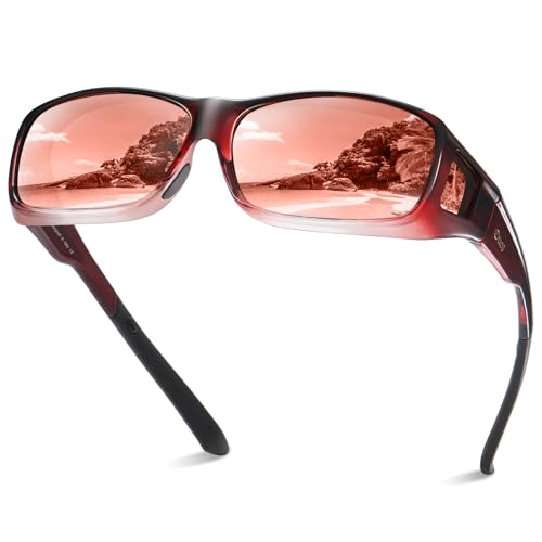 DUCO Polarized Wraparound Fitover Glasses Wear Over Sunglasses for Men Women UV Protection Sun Glasses 8954 (Wine Red Frame Brown Lens) - Image 1