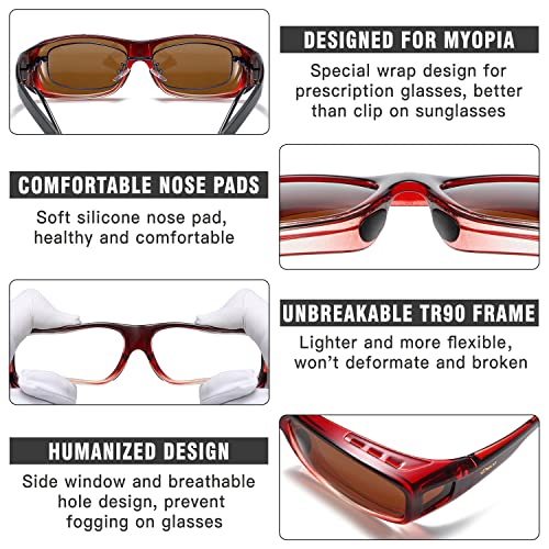 DUCO Polarized Wraparound Fitover Glasses Wear Over Sunglasses for Men Women UV Protection Sun Glasses 8954 (Wine Red Frame Brown Lens) - Image 5
