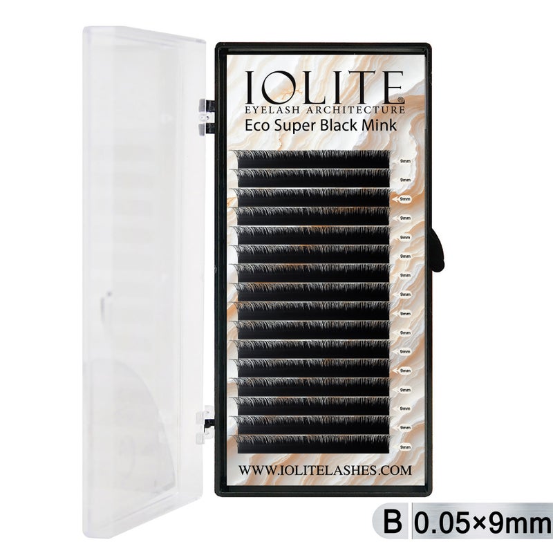 Iolite Super Black Mink Lash Extensions – B Curl 0.05T Mix (6mm–15mm) | Premium Black Mink Eyelash Extension Tray for Lash Artists ISBMB5T - 9MM
