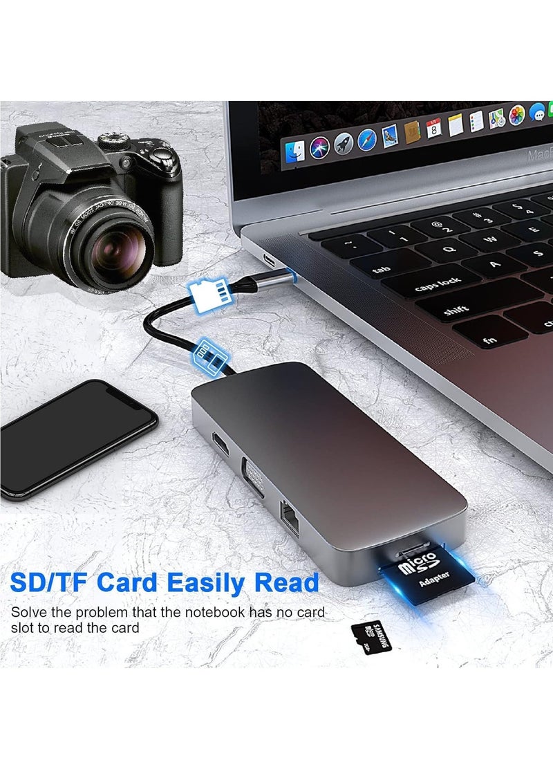 ELTRAZONE محطة إرساء USB C 10 في 1 مع HDMI 4K، VGA، USB 3.0، إيثرنت، SD/TF، AUX 3.5 مم – متوافقة مع MacBook Pro وأجهزة الكمبيوتر المحمولة من نوع C – مركز الاتصال النهائي للعمل والترفيه - Image 2
