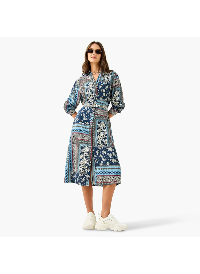 Lee Cooper Lee Cooper All-Over Print Shirt Dress with Collar and Belt