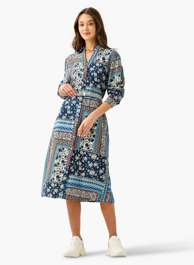 Lee Cooper Lee Cooper All-Over Print Shirt Dress with Collar and Belt