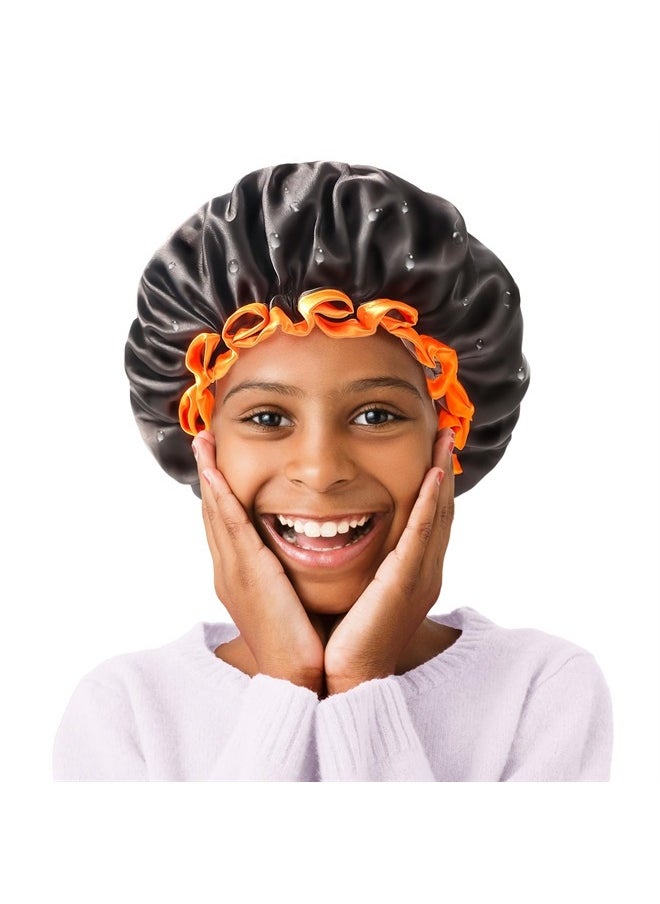 mikimini Small Black Shower Caps Pack of 2 for Kid, Double Layers Waterproof Bathing Hair Cap with Reusable Soft Comfortable PEVA Lining, Cute, Non-fading & Stretchy Shower Hat Small Pack of 2, Black  - Image 1