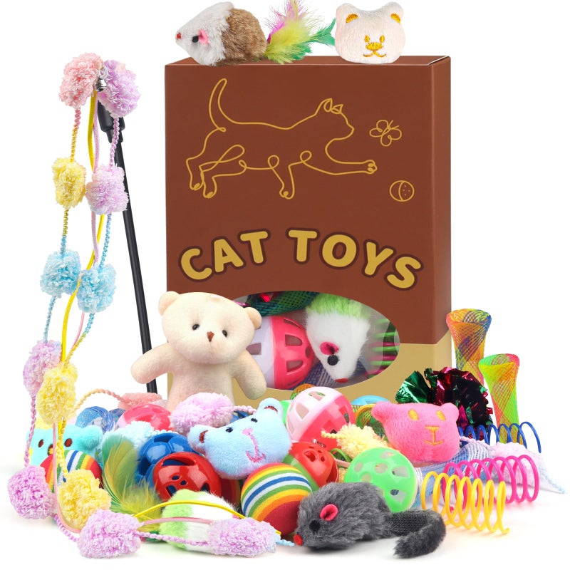 QUOZUO 30 Pcs Cat Toy Kitten Toys Set, Interactive Cat Toy Wand Cat Springs Ball Toy with Bells, Cat Toys for Bored Indoor Cats, Gift Box Styles - Image 1