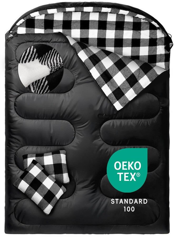 MEREZA Flannel Double Sleeping Bag for Adults Cold Weather, XL Queen Size Sleeping Bag for All Season 2 Person Big and Tall Sleeping Bags for Camping 0 Degree with Pillow - Image 1