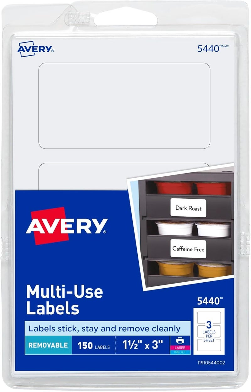 Avery Removable Print or Write Labels, 1.5 x 3 Inches, White, Pack of 150 - Image 1