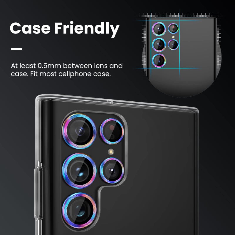 Tensea [3+2PCS for Samsung Galaxy S22 Ultra Camera Lens Protector, 9H Tempered Glass Camera Cover Screen Protector Metal Individual Ring, S22 Ultra 5G 2022 [Installation Tray][Removal tool]- Colorful - Image 4