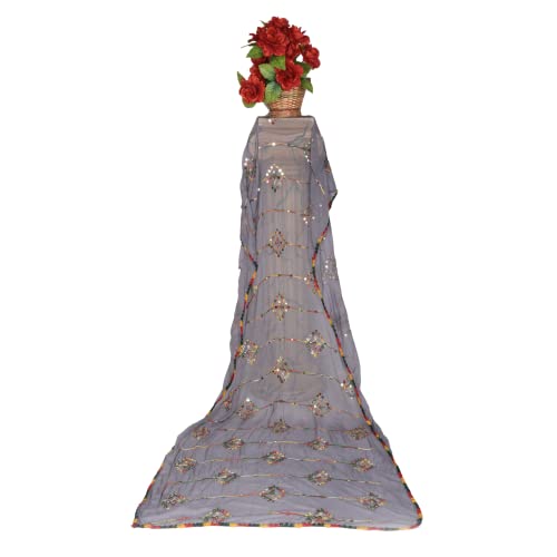 KEMZA Women's Embroidered Mirror Work Chiffon Dupatta (Grey) Rajasthani Banjara Dupatta with Kuchi Work For Festival, Wedding, Party - Image 3
