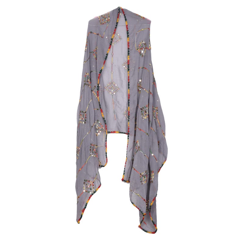 KEMZA Women's Embroidered Mirror Work Chiffon Dupatta (Grey) Rajasthani Banjara Dupatta with Kuchi Work For Festival, Wedding, Party - Image 4