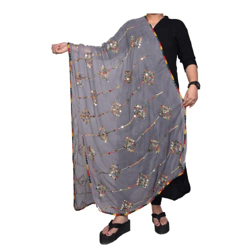 KEMZA Women's Embroidered Mirror Work Chiffon Dupatta (Grey) Rajasthani Banjara Dupatta with Kuchi Work For Festival, Wedding, Party - Image 2